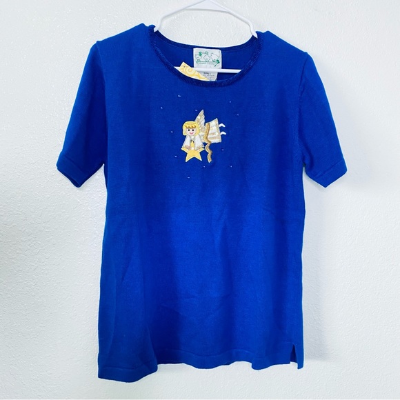 The Quacker Factory NEW Beaded Angel Ramie Blend Blue Knit Sweater Top Small - Picture 1 of 6